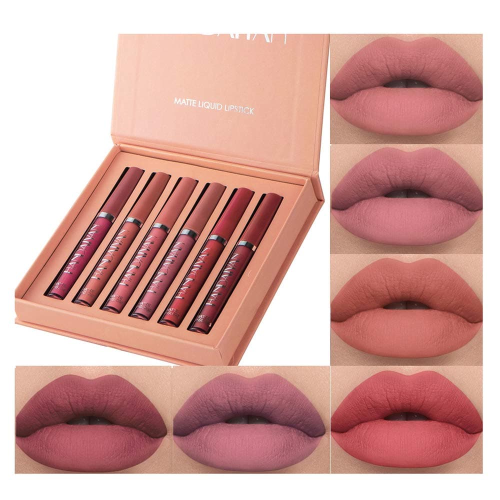 Juego de maquillaje de lápiz labial líquido mate de 6 piezas, líquido mate de larga duración, taza antiadherente que no se desvanece, brillo de labios impermeable (juego B)