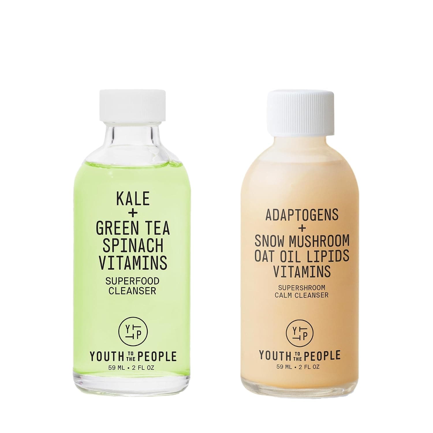 Youth To The People Travel Facial Cleanser Duo Bundle for Dry + Sensitive Skin - Superfood Kale + Green Tea Daily Face Wash (2oz) - Adaptogens Supershroom Calming Face Cleanser (2oz) - Vegan