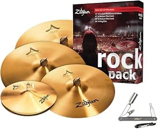 Avedis Zildjian Company Platillos Zildjian A Rock Pack Hi Hats Mastersound de 14'', Crash de 17'', 19'' y Ride de 20'' con ZKEY, (A0801R) | Conjunto combinado para escenarios ruidosos, tono de corte brillante, tecla de batería incluida, configuración profesional completa para bateristas que tocan, tamaño de 14 pulgadas