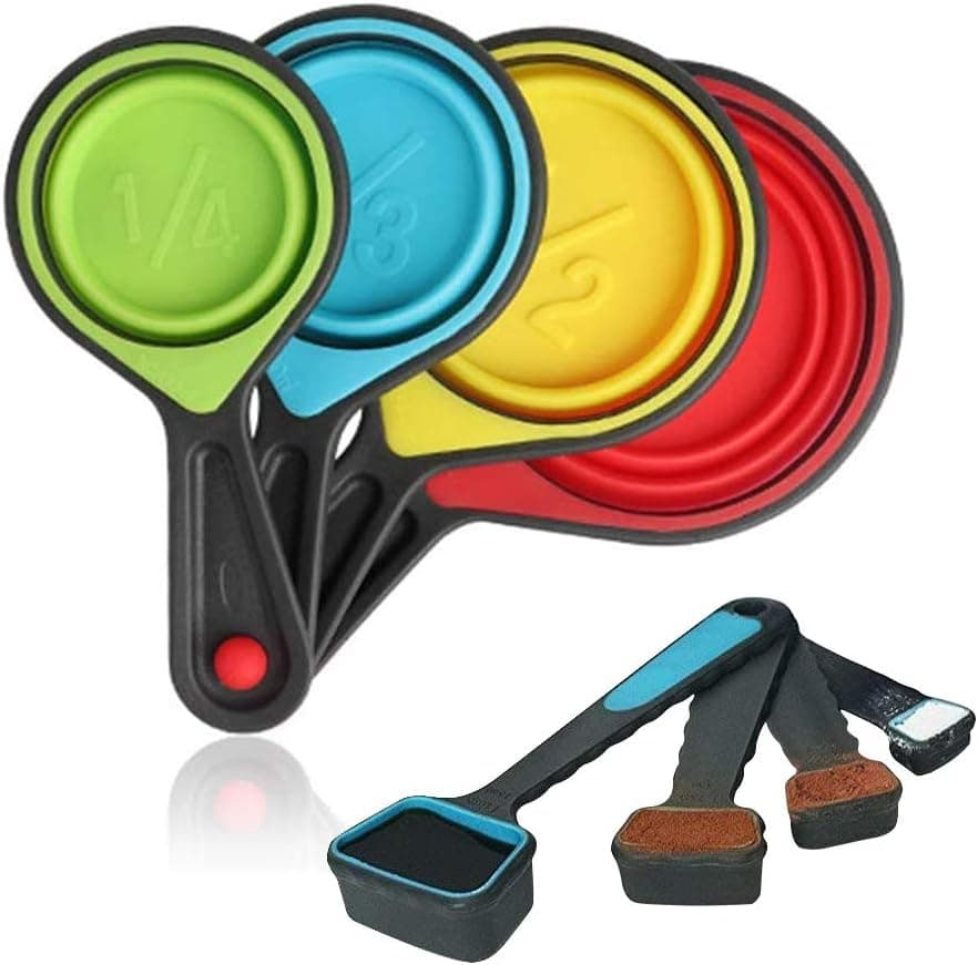 Tazas y cucharas medidoras plegables-silicona portátil de calidad alimentaria para medición de líquidos y secos, juego de 8 piezas de herramientas de medición de cocina