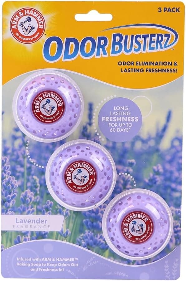 Arm & Hammer OdorBusterz® Bolas eliminadoras de olores, lavanda, 3 unidades – Control de olores de bicarbonato de sodio para armarios, cajones, cestas y espacios pequeños
