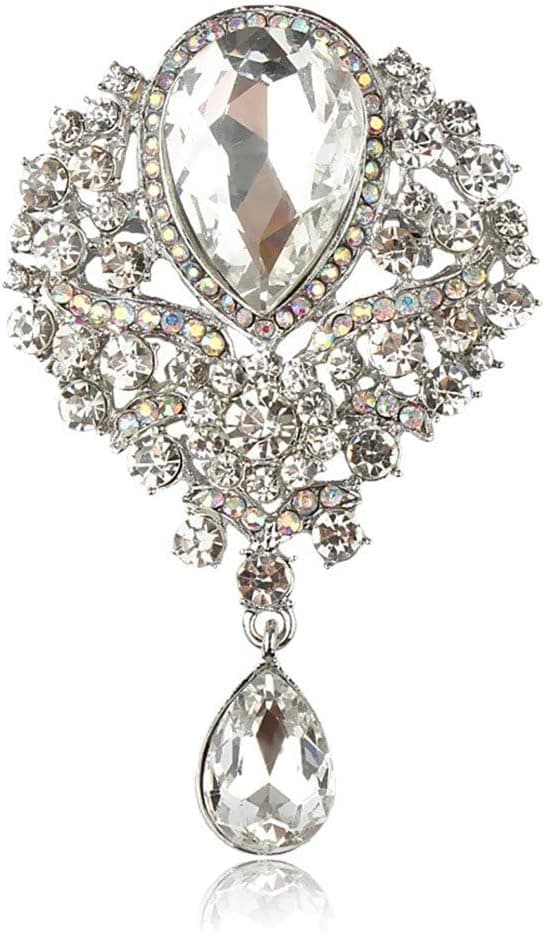 Broche de cristal en forma de lágrima plateada, ramo de boda para mujer | Broche nupcial de diamantes de imitación, marco de aleación sólida, ponible en vestido, bufanda y ramo, joyería elegante para novias de fiesta de boda