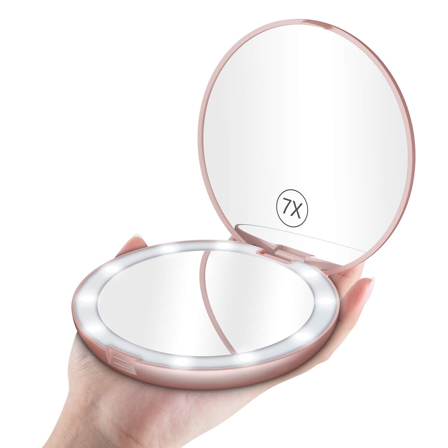 Espejo de maquillaje de viaje compacto iluminado de 5 pulgadas con luces, aumento de 1x/7x | Doble cara, portátil, iluminado, espejo de aumento de 7X con luz, perfecto para bolso, pequeño espejo de bolsillo LED para bolso