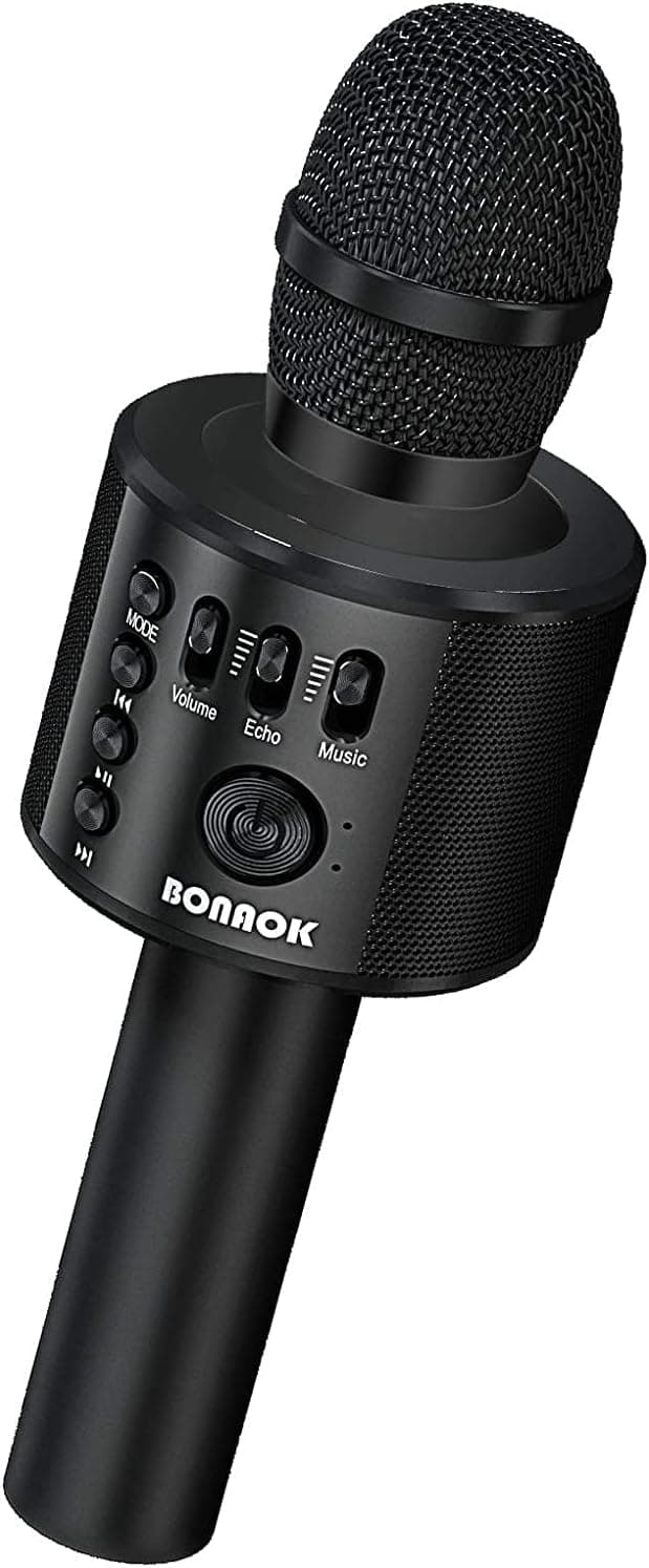BONAOK Micrófono inalámbrico de karaoke Bluetooth, 3 en 1, portátil, micrófono de karaoke, máquina de altavoz, fiesta en casa, cumpleaños, para todos los teléfonos inteligentes Q37 (negro) | Bluetooth 5,0, tiempo de reproducción 8H, modo eco, altavoz incorporado, tarjeta SD, para iPhone iPad, portátil, Karaoke en casa, fiesta, regalos