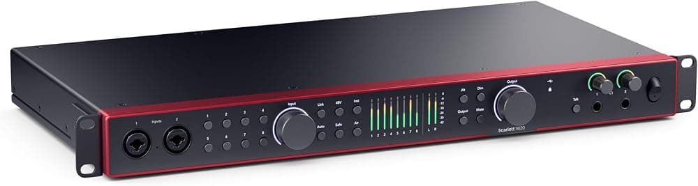 Interfaz de audio USB Focusrite Scarlett 18i20 de 4.ª generación, para grabación multipista, producción musical y podcasting: grabación de alta fidelidad con calidad de estudio y todo el software que necesita para grabar | 26 entradas y 26 salidas, 8 preamplificadores de micrófono, 2 entradas Hi-Z, ADAT dual, S/PDIF, MIDI, Word Clock, micrófono Talkback, ganancia automática, Clip Safe