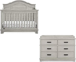Muebles de guardería para cuna y tocador Asher - Cuna convertible 6 en 1 con riel para niños pequeños | Cómoda de 6 cajones completamente ensamblada con cambiador | Niebla Rústica