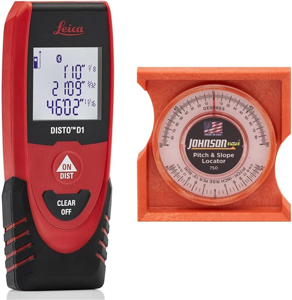 Leica DISTO D1 Medición de distancia láser de 120 pies con Bluetooth 4.0, negro/rojo y localizador de nivel y pendiente Johnson 750, naranja, 1 nivel