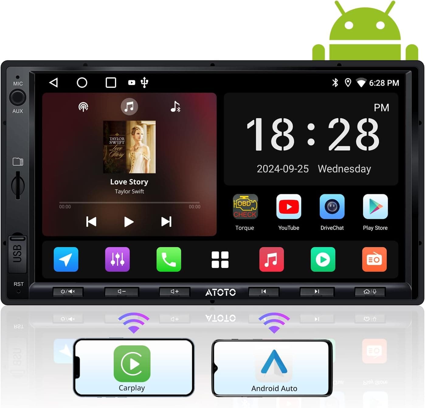 ATOTO A5L 7 pulgadas Android estéreo de coche doble DIN, CarPlay inalámbrico y Android Auto, conexión Wi-Fi/USB/BT, pantalla táctil QLED Car CarPlay, DSP, MirrorLink, radio FM y SS, HD LRV, salida HDMI, seguimiento AI y GPS