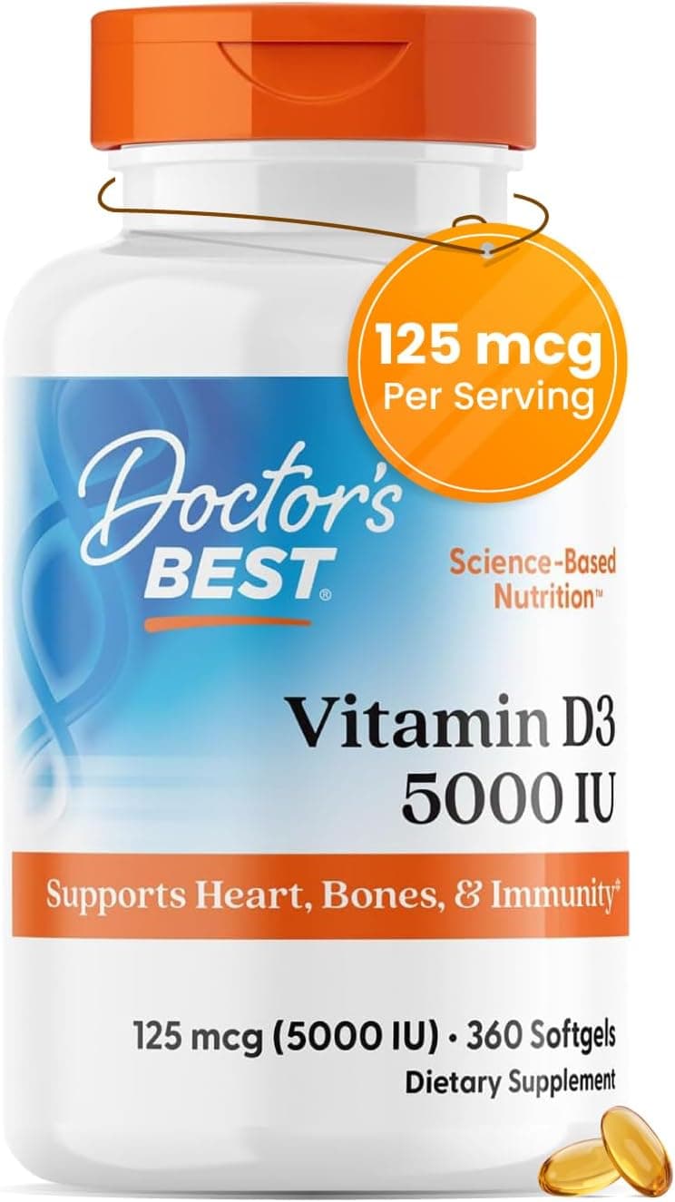 Doctor's BEST Vitamina D3 5000 UI cápsulas blandas para hombres y mujeres - Suplemento de vitamina D para apoyo al sistema inmunológico y la salud del corazón, 125 mcg por porción, VIT D 3, sin OGM, sin gluten, sin soja - 360 cápsulas blandas | Suplemento de vitamina D para apoyo al sistema inmunológico y la salud del corazón, 125 mcg por porción, vitamina D 3, sin OGM, sin gluten, sin soja