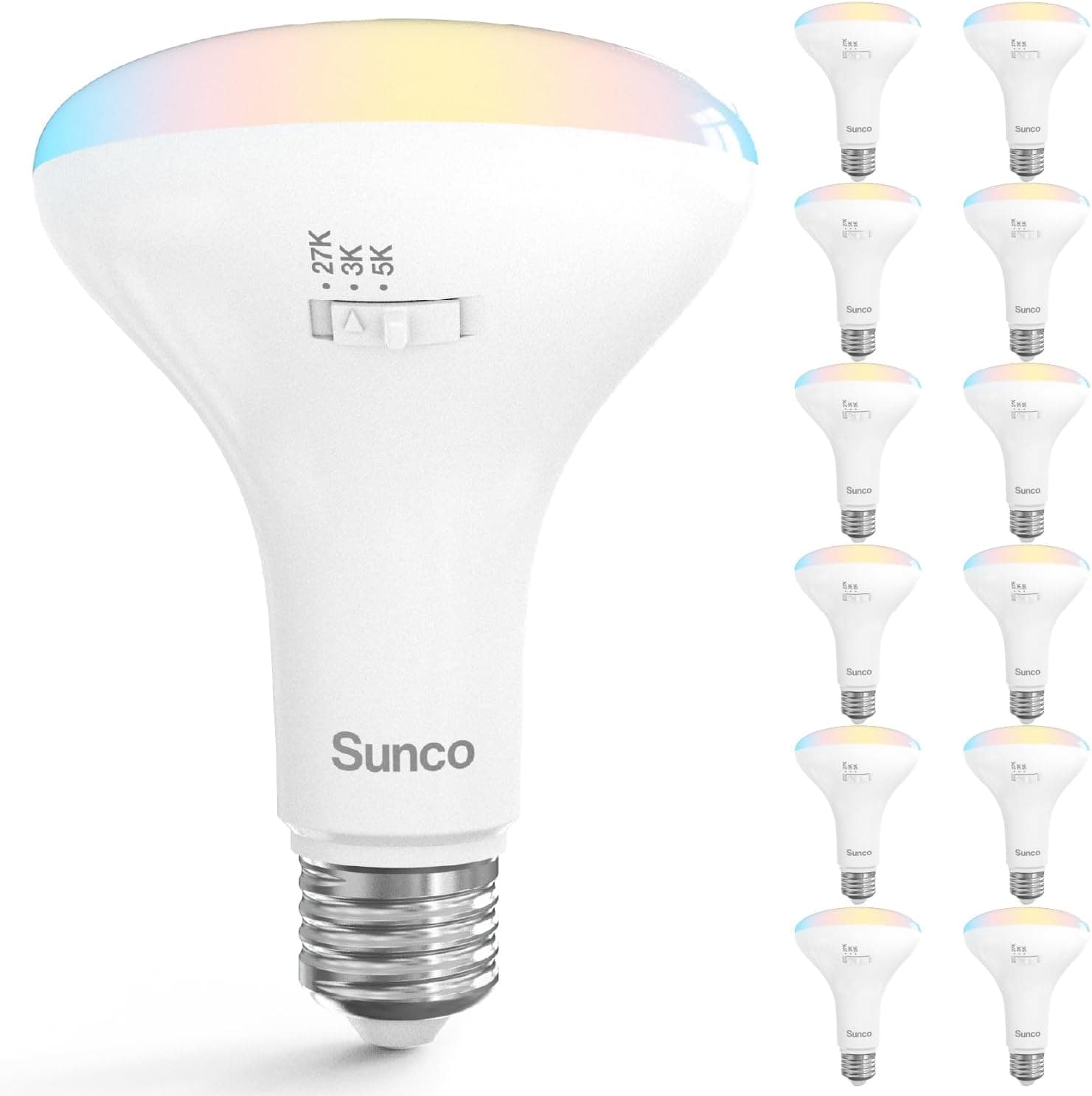Sunco Paquete de 12 bombillas LED BR30, E26, 11 W = 65 W, 3 CCT, regulable | 850LM, CCT seleccionable 2700K/3000K/5000K, bombilla LED empotrable para iluminación interior, cocina y dormitorio, base media