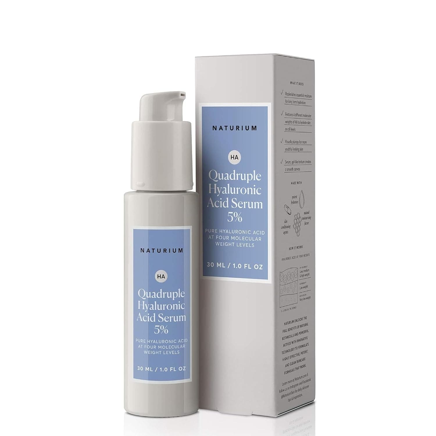 Naturium Suero cuádruple de ácido hialurónico 5%, suero facial hidratante y voluminizador, cuidado de la piel antienvejecimiento e hidratante, sin fragancia, 1 oz
