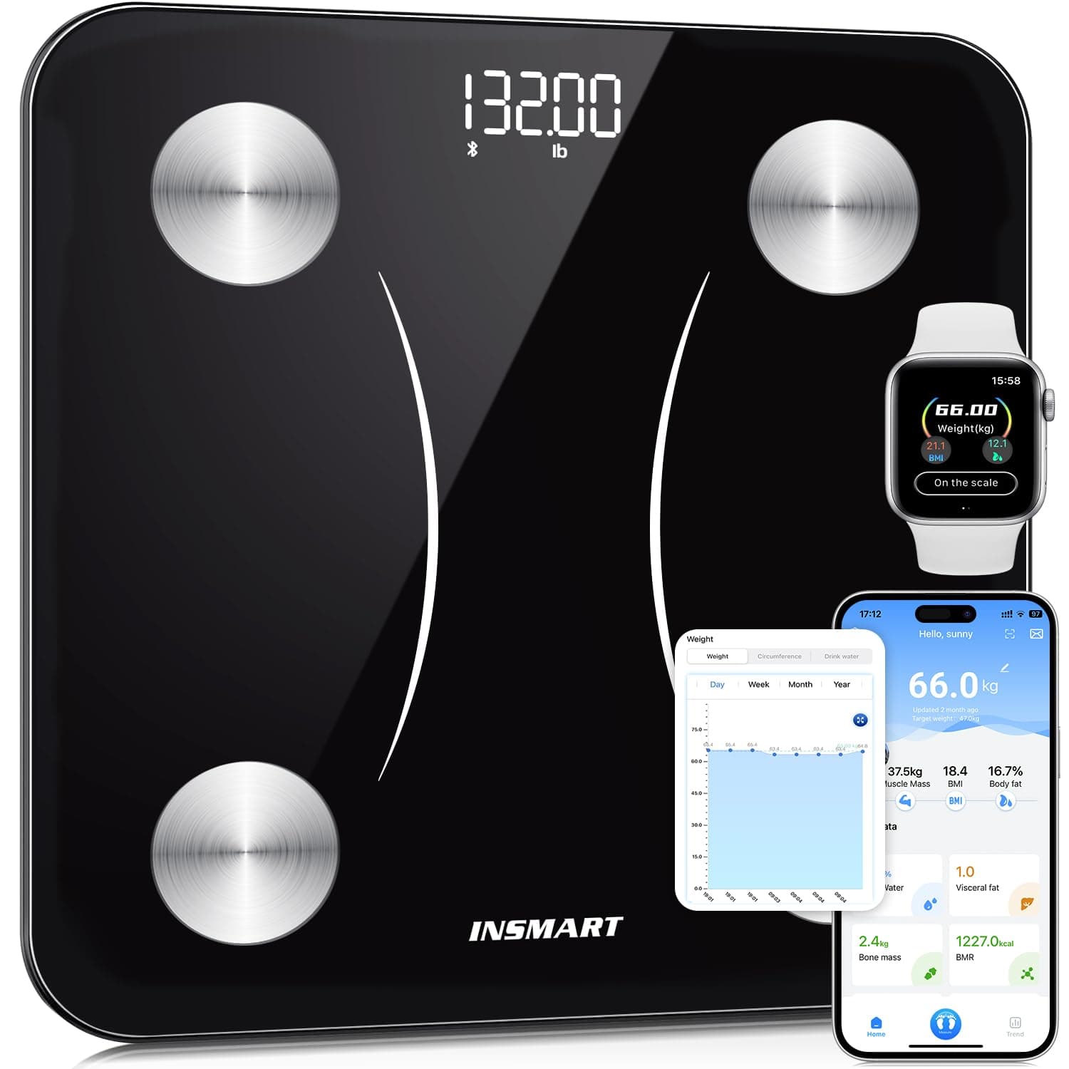 Báscula inteligente INSMART para peso corporal, grasa corporal, plataforma grande de 12x12 pulgadas | Báscula de baño digital precisa, analizador de monitor de salud con báscula de peso de composición corporal 16 con aplicación de sincronización, IMC, 400 libras, negro