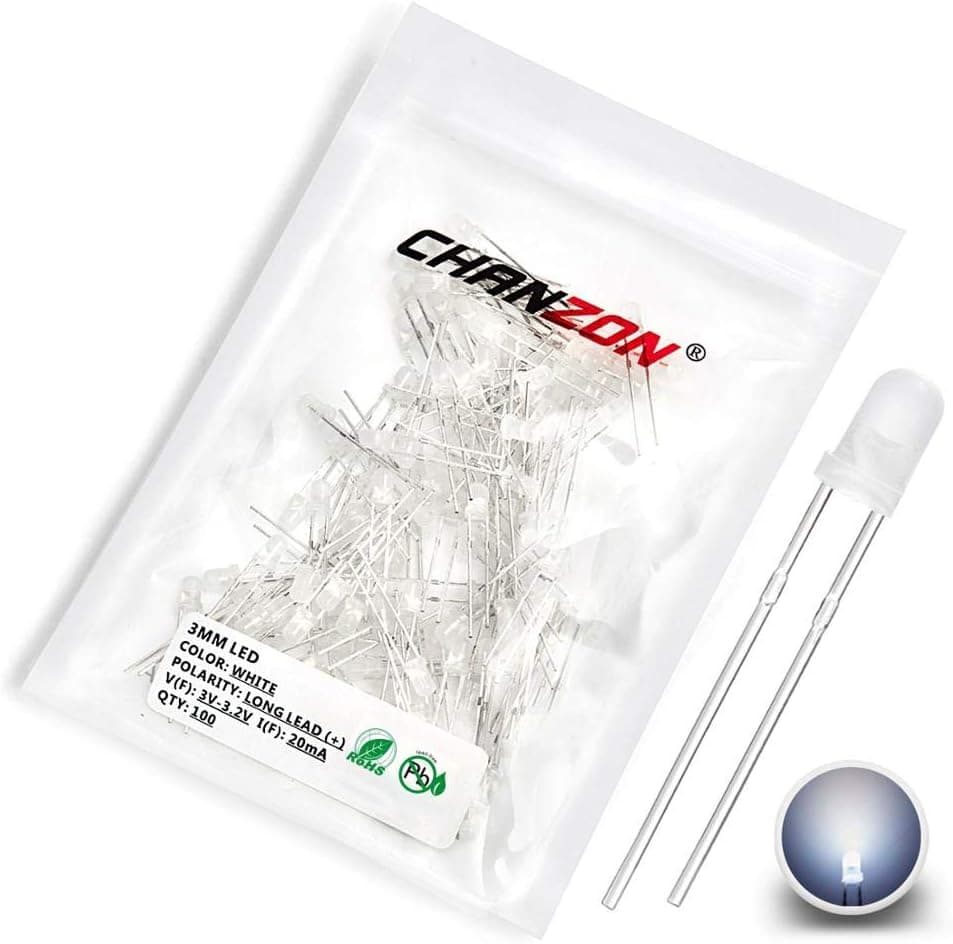 CHANZON 100 piezas de luces de diodo LED difusas blancas de 3 mm (CC 3 V 20 mA) | (Lente esmerilada redonda) Bombilla de iluminación, lámparas, componentes electrónicos, indicador, diodos emisores de luz, placa de pruebas PCB Arduino DIY