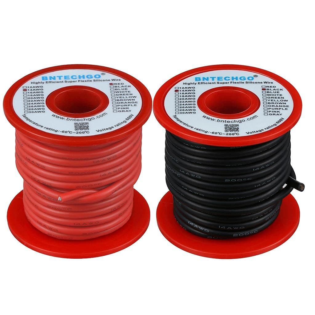 Alambre de silicona BNTECHGO 14 cae (AWG) Alambre de cobre estañado trenzado rojo negro de 25 pies | Aislamiento flexible de goma de silicona de alambre trenzado de calibre 14 para modelos RC, dron, robot, batería, cargador EV, impresora 3D, bricolaje
