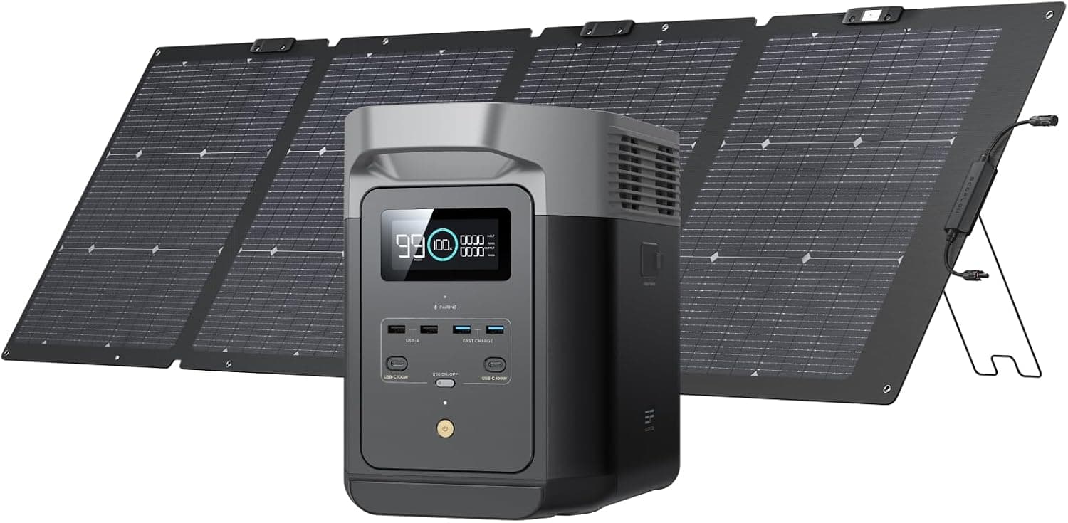 Generador Solar EF ECOFLOW Delta 2 con Panel Solar 220W, 1024Wh 1800W | Batería LFP(LiFePO4), salida USB-C de 1800W CA/100W, estación de energía portátil de carga rápida para energía de respaldo en el hogar, camping y vehículos recreativos