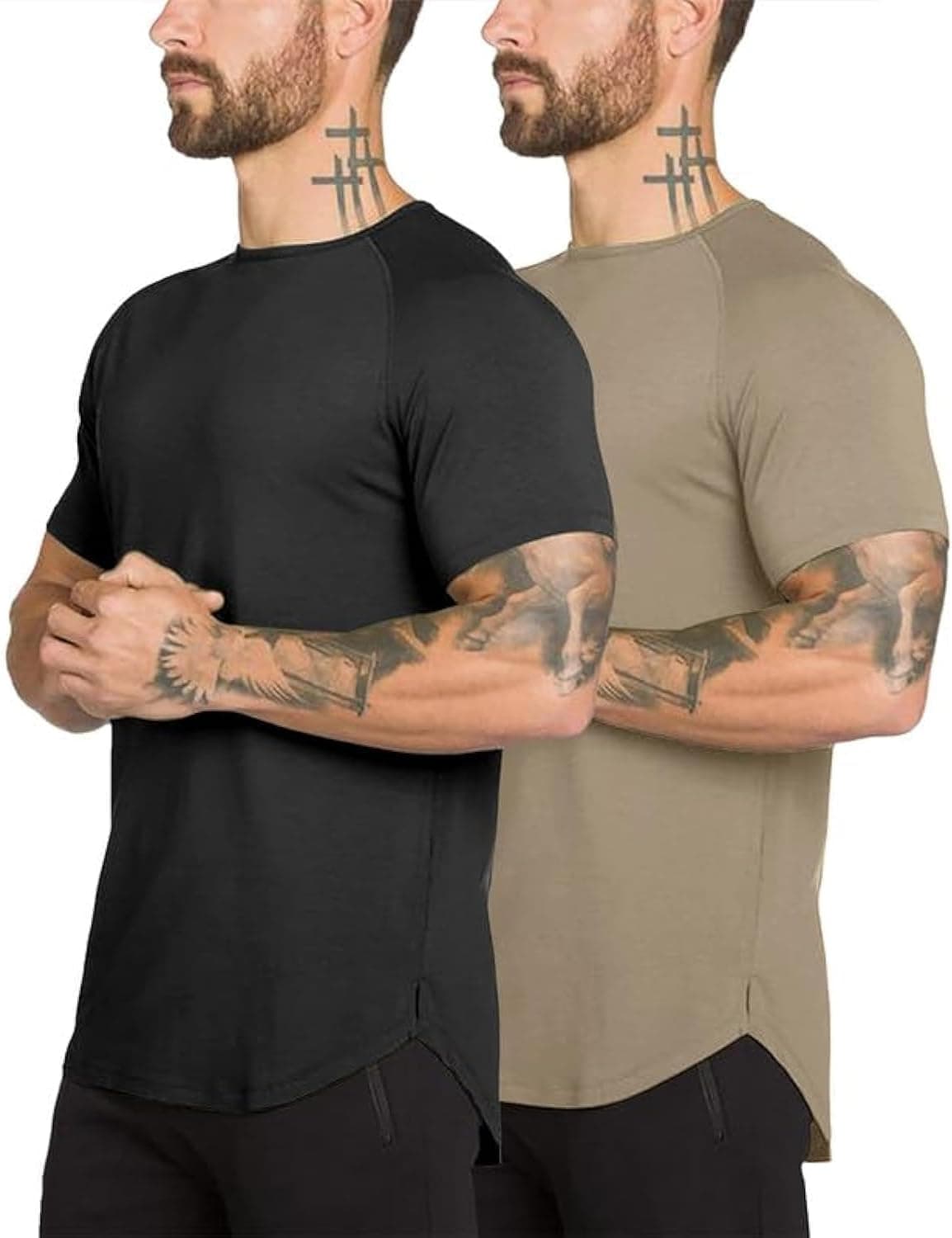 TEZO Mens Gym Workout Slim Fit Short Sleeve Cotton Hipster T-Shirt | Drop Cut,Longline,Curved Hem,Side Split Hem,Performance Athletic Shirts，Running Muscle Tee,Fitness Clothing,Sports,Loungewear