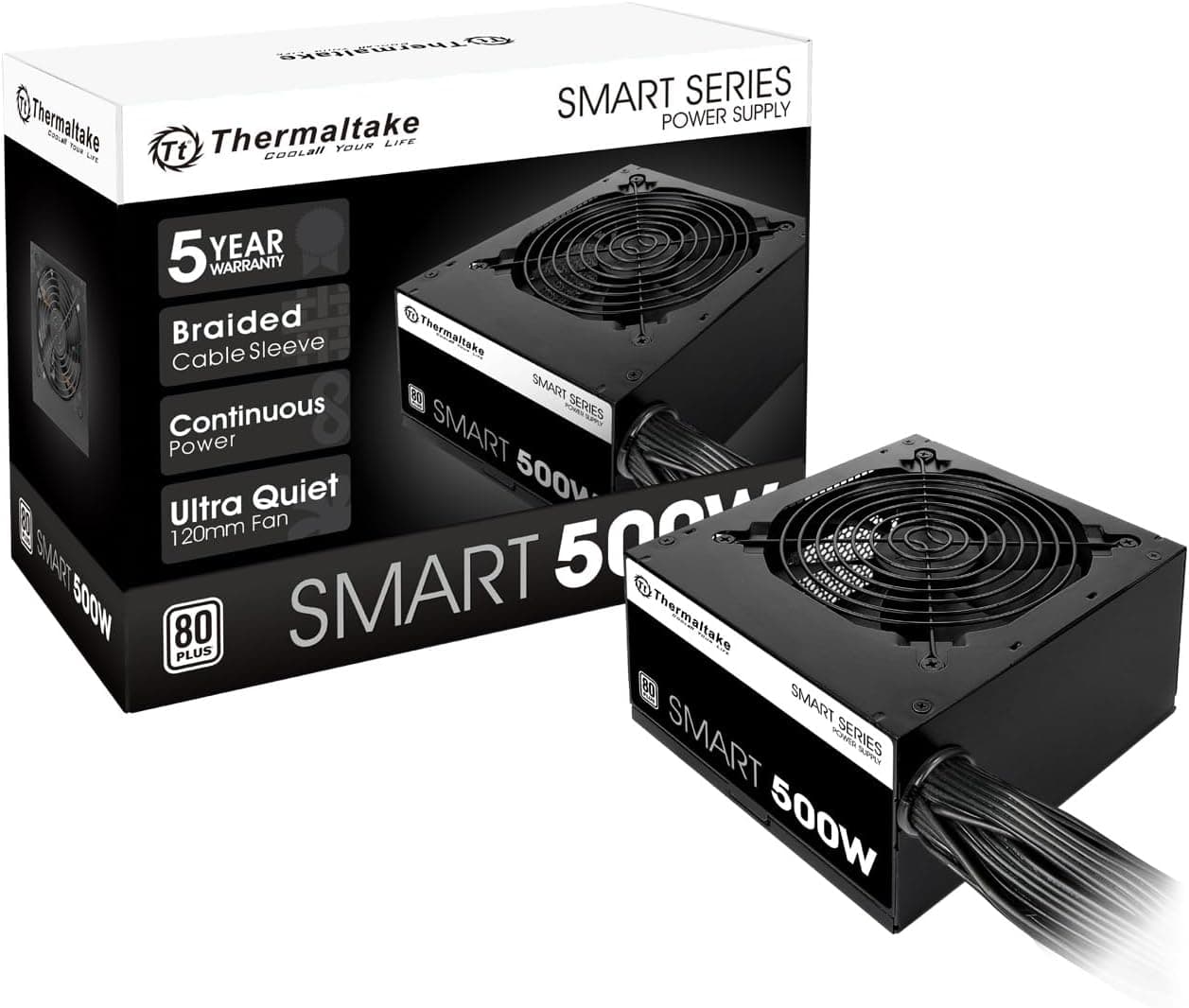 Fuente de alimentación certificada Thermaltake Smart 500W 80+ blanca, potencia continua con ventilador de refrigeración ultra silencioso de 120 mm, fuente de alimentación ATX 12V V2.3/EPS 12V PFC activo PS-SPD-0500NPCWUS-W