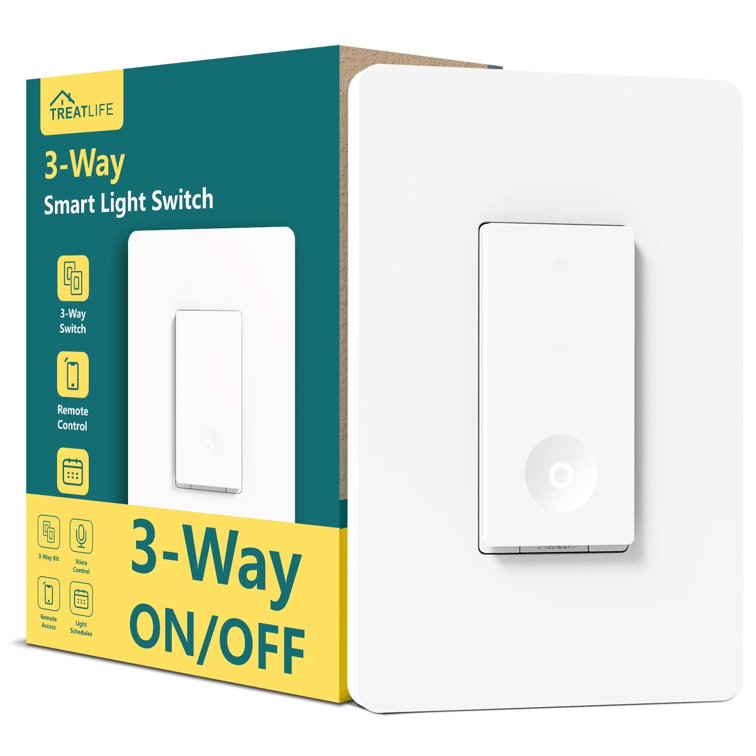 TREATLIFE Interruptor inteligente de 3 vías, interruptor de luz WiFi de 2,4 GHz funciona con Alexa y Google Home, requiere cable neutro, control remoto, temporizador de programación, 1 paquete, blanco