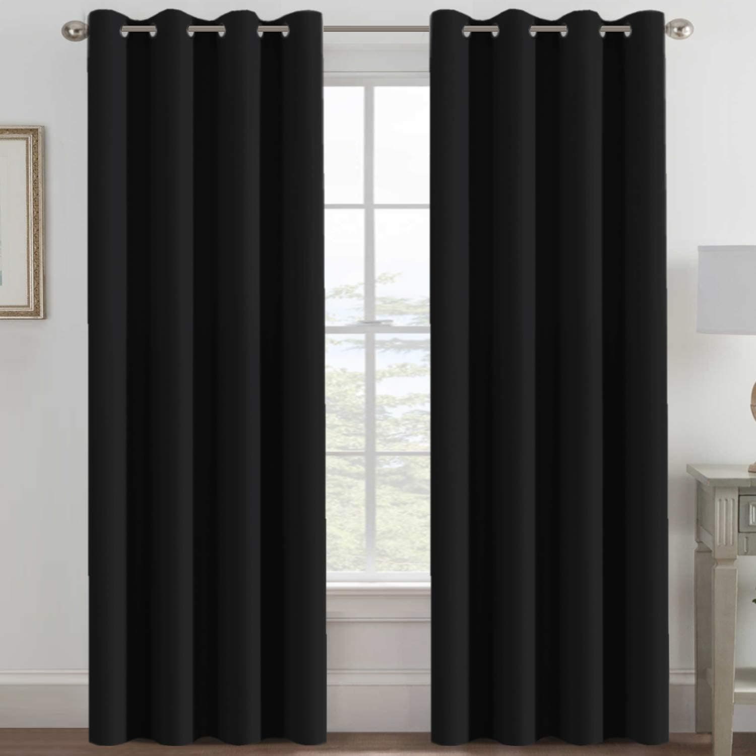 H.VERSAILTEX Cortinas opacas 100% para dormitorio con aislamiento térmico, cortina de bloqueo de luz con ojales, panel de tratamiento de ventana para sala de estar/puerta de patio, sólido en negro azabache (un panel), 52 pulgadas de ancho x 84 pulgadas de largo