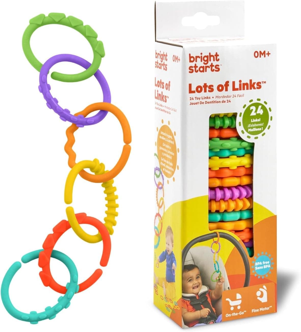 Bright Starts Lots of Links Rings Toys para cochecito o asiento de transporte, sin BPA, a partir de 0 meses, multicolor, 24 unidades (paquete de 6)