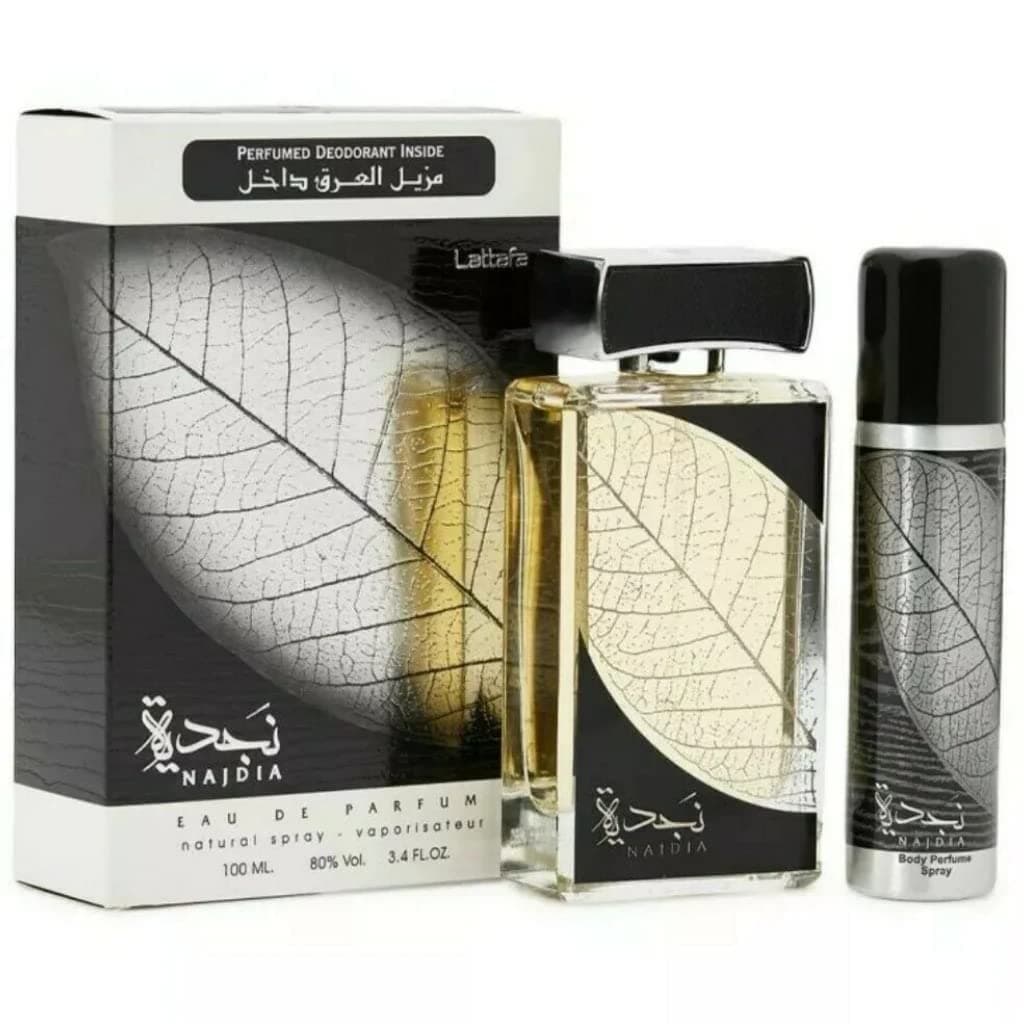 Lattafa Najdia Juego de 2 piezas para hombres (3.4 onzas Eau de Parfum Spray + 1.7 onzas Desodorante Spray)