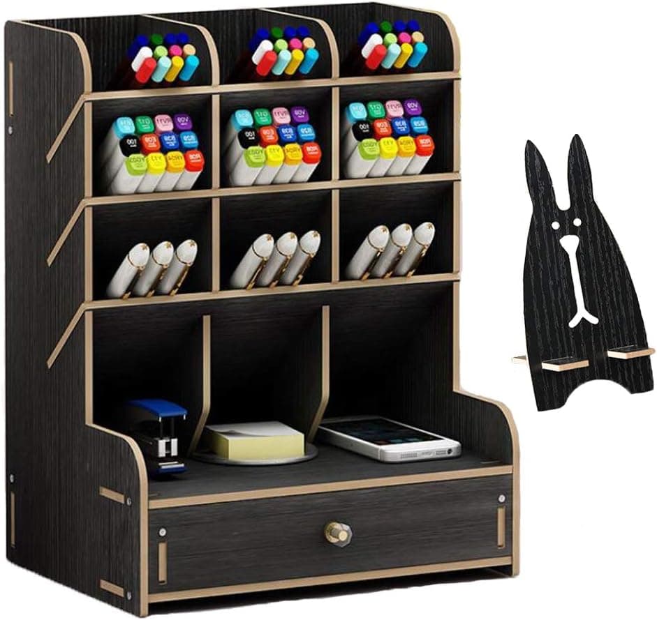 Marbrasse Organizador de escritorio de madera, soporte multifuncional para bolígrafos, organizador para escritorio, papelería de escritorio, fácil montaje, almacenamiento de suministros de arte para el hogar y la oficina con cajón (B11-negro)