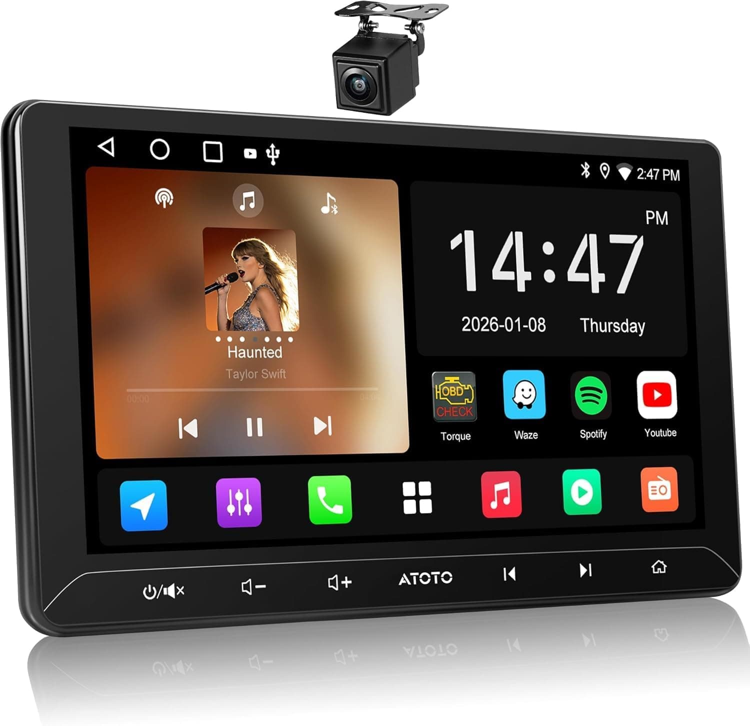 ATOTO A5L 10 pulgadas Android estéreo de coche doble DIN y cámara de respaldo, CarPlay inalámbrico y Android Auto, conexión Wi-Fi/USB, pantalla táctil QLED, salida HDMI, MirrorLink, DSP/Bluetooth/GPS, radio FM/AM/SS, 2G+32G