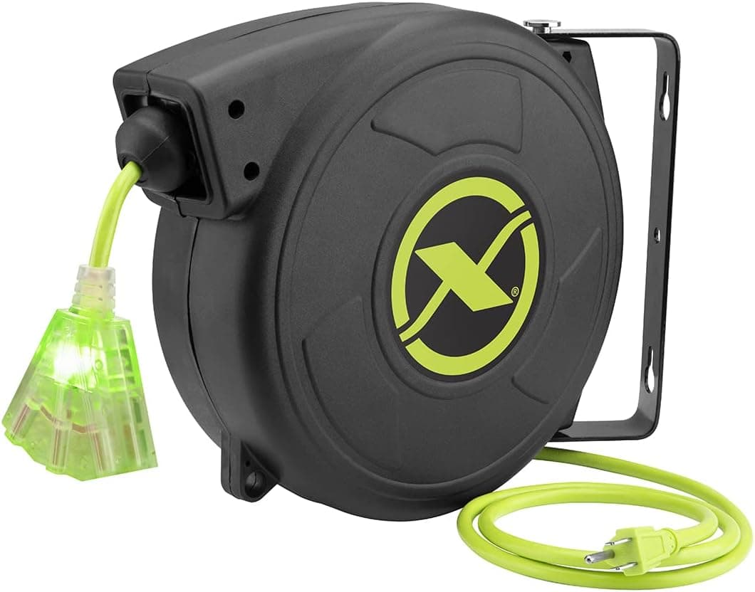 Extensión retráctil Flexzilla, 14/3 AWG SJTOW, 50', carrete de cable eléctrico con salida de triple grifo con conexión a tierra, ZillaGreen, FZ8140503