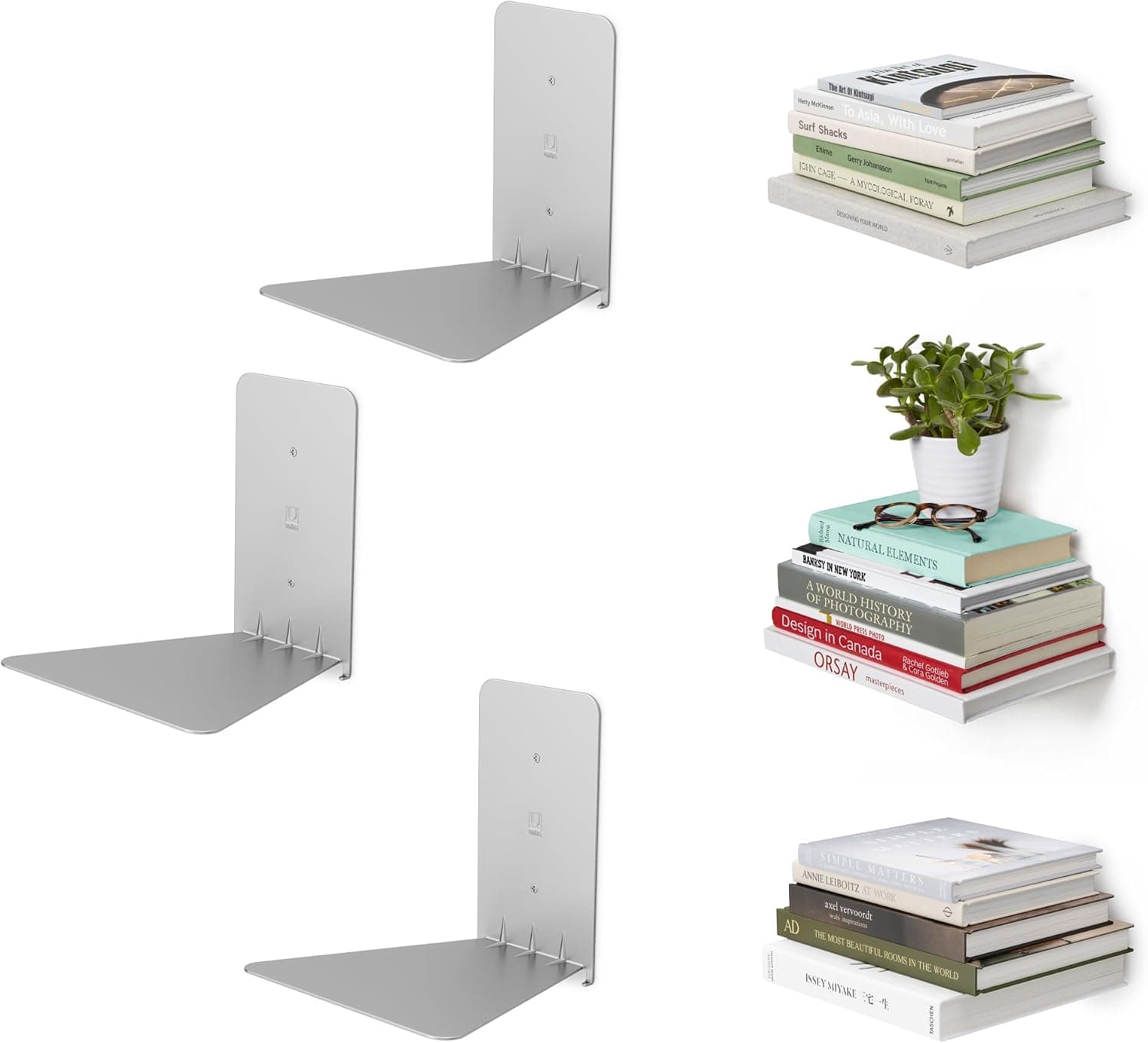 Estantería flotante oculta Umbra, estante de pared de metal, juego de 3, pequeño, plateado | Acero con recubrimiento en polvo, soporta 15 libras cada uno, muestra decoración o plantas, incluye accesorios de montaje
