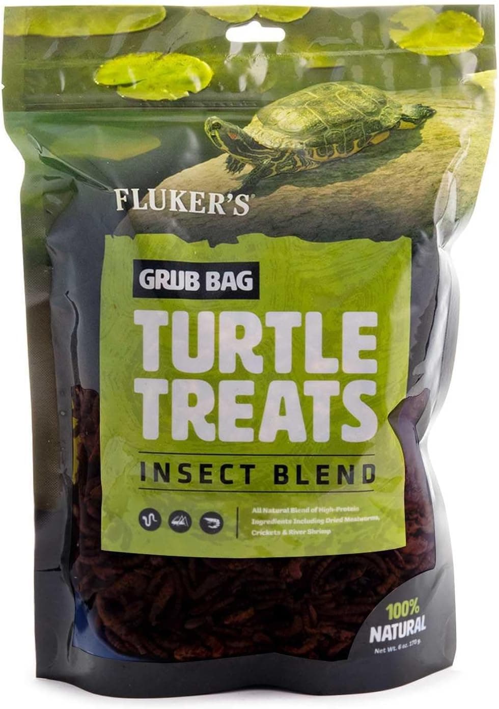 Fluker's Grub Bag Turtle Treats, mezcla de insectos, camarones de río liofilizados con alto contenido de proteínas, grillos y gusanos de harina, para tortugas acuáticas, anfibios y reptiles, 6 oz
