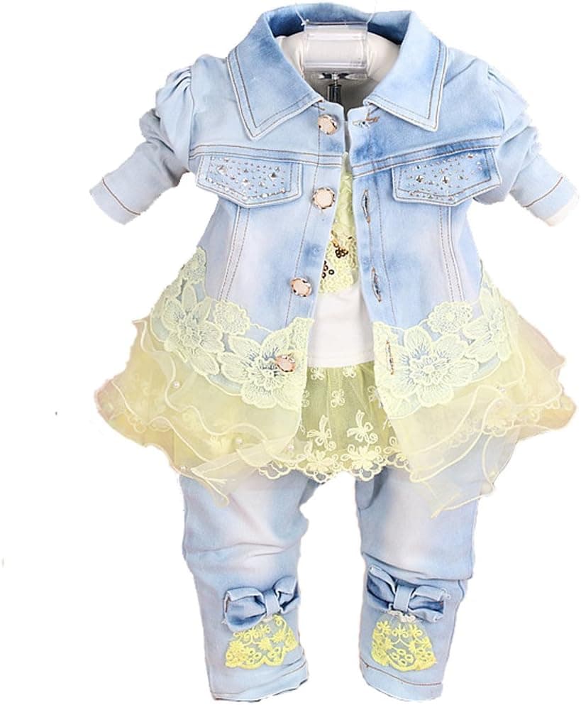 Conjuntos de ropa vaquera para bebé niña Yao Conjuntos de 3 piezas Camiseta Chaqueta vaquera y vaqueros