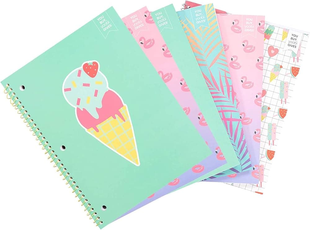 Yoobi College Juego de cuadernos en espiral con rayas de 8 x 10,5 pulgadas, paquete de 6 cuadernos de 1 tema, variedad de lindos diseños, 100 hojas perforadas de 3 orificios, para la escuela, la oficina y el hogar