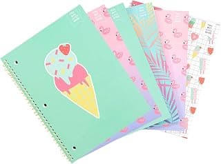 Yoobi College Juego de cuadernos en espiral con rayas de 8 x 10,5 pulgadas, paquete de 6 cuadernos de 1 tema, variedad de lindos diseños, 100 hojas perforadas de 3 orificios, para la escuela, la oficina y el hogar