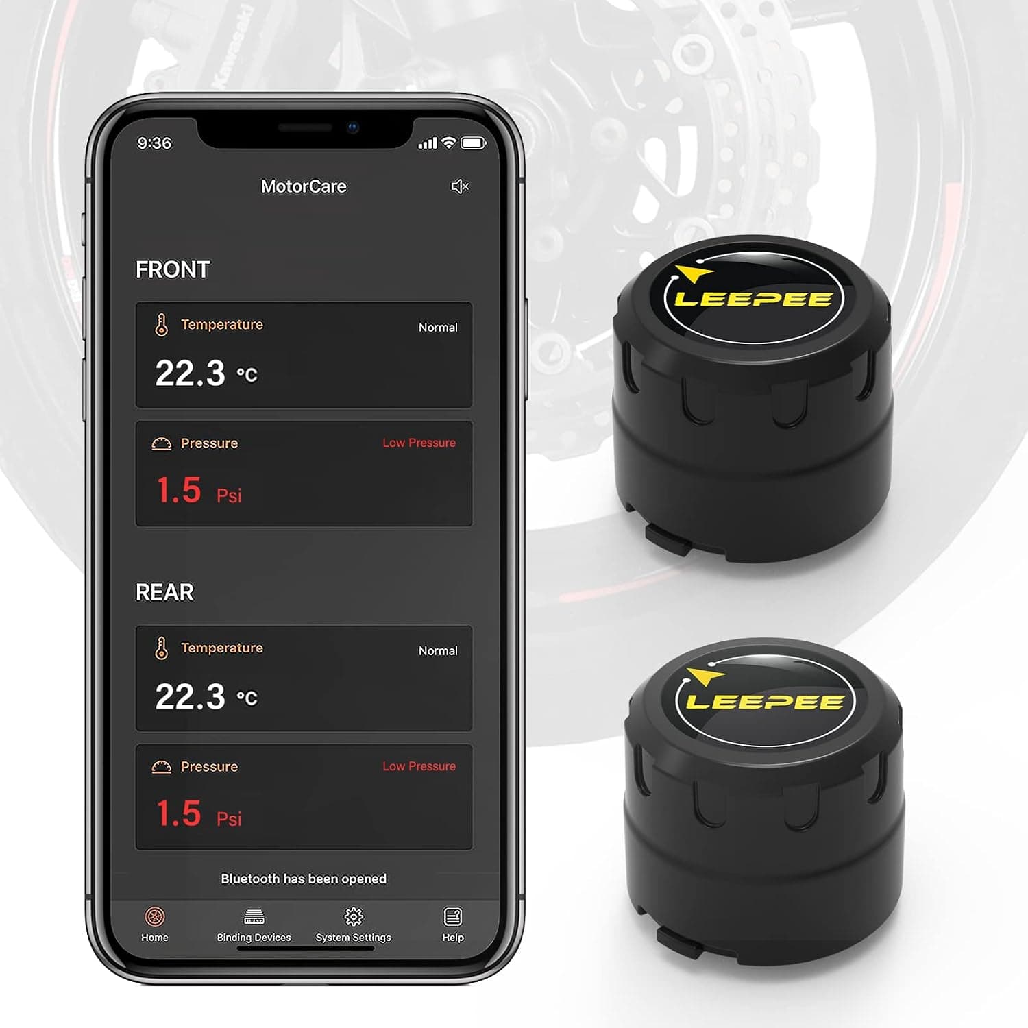 leepee Sistema de monitoreo de presión de neumáticos de motocicleta, alarma de temperatura y presión de neumáticos, TPMS inalámbrico para motocicleta con 2 sensores externos, compatible con iOS y Android | Alarma de presión y temperatura de neumáticos, inalámbrica, 2 sensores externos, compatible con iOS y Android