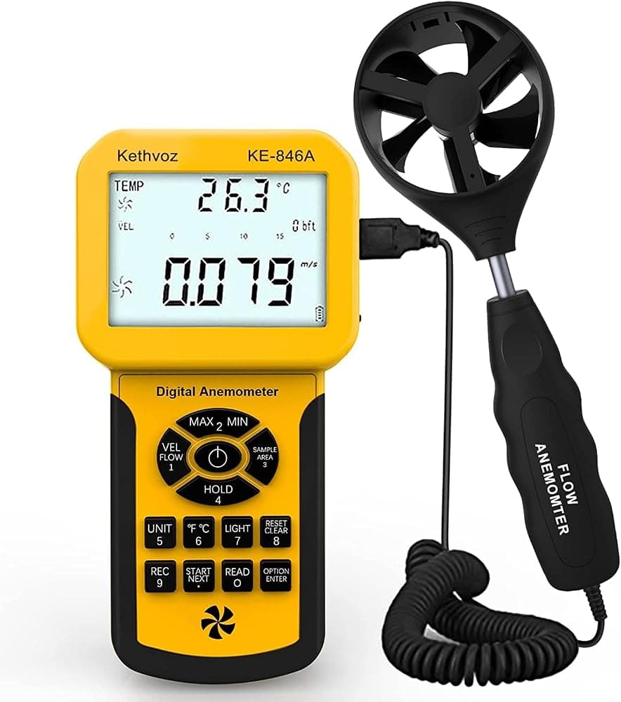 Anemómetro HVAC Medidor de flujo de aire CFM, Probador digital de velocidad del viento Kethvoz 846A | Registro de datos, resolución 0.001, anemómetro que mide la velocidad del flujo de aire, temperatura del volumen del aire, MAX MIN AVG, para conducto de CA, ventilación de secadora