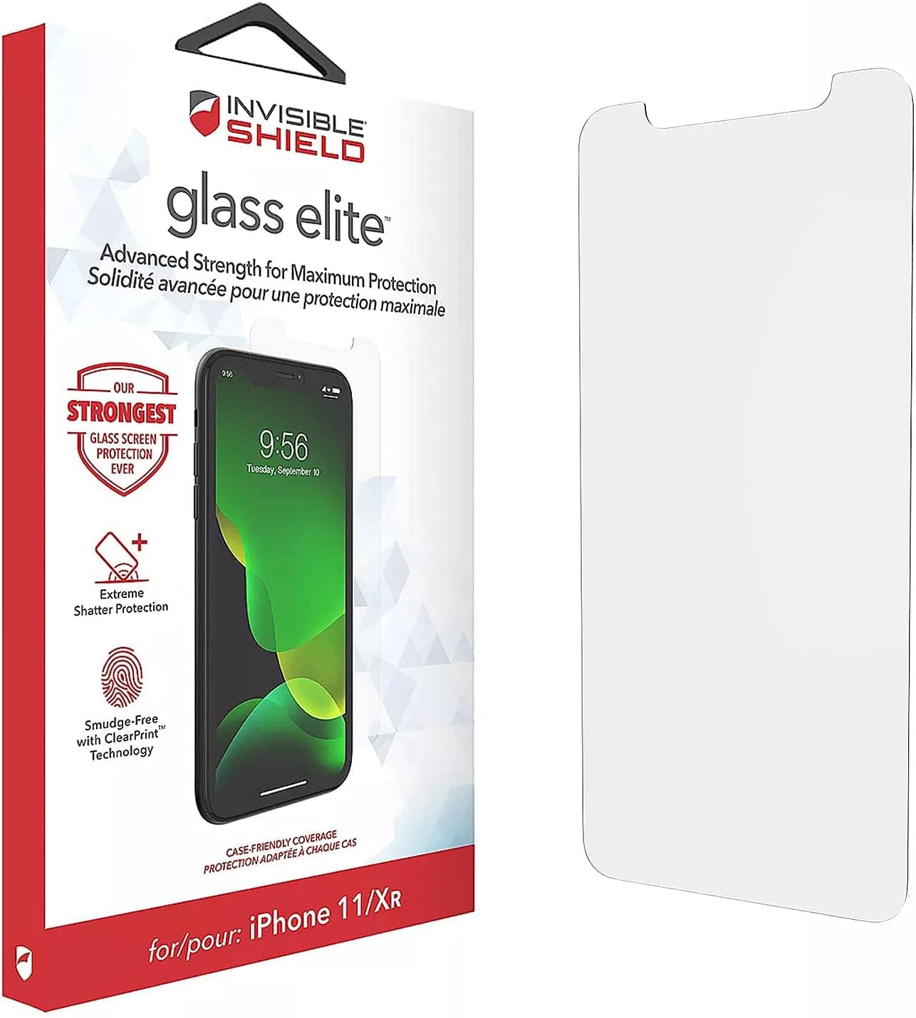 Protector de pantalla ZAGG InvisibleShield Elite para iPhone 11 y XR – Vidrio templado más resistente y ClearPrint sin manchas