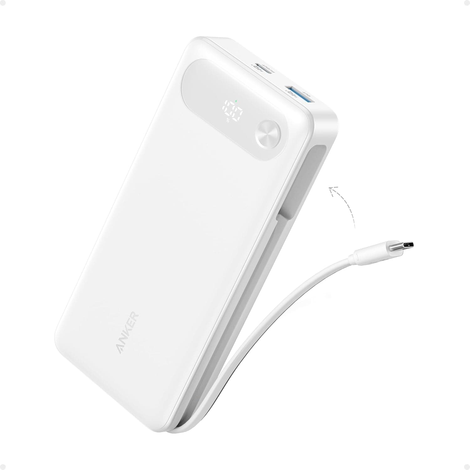 Anker Power Bank, esencial para viajes de 20 000 mAh, cable USB-C incorporado (blanco) | Paquete de batería de carga rápida máxima de 87 W de 3 puertos, para MacBook, iPhone 16/15 Series, Samsung, Switch y más