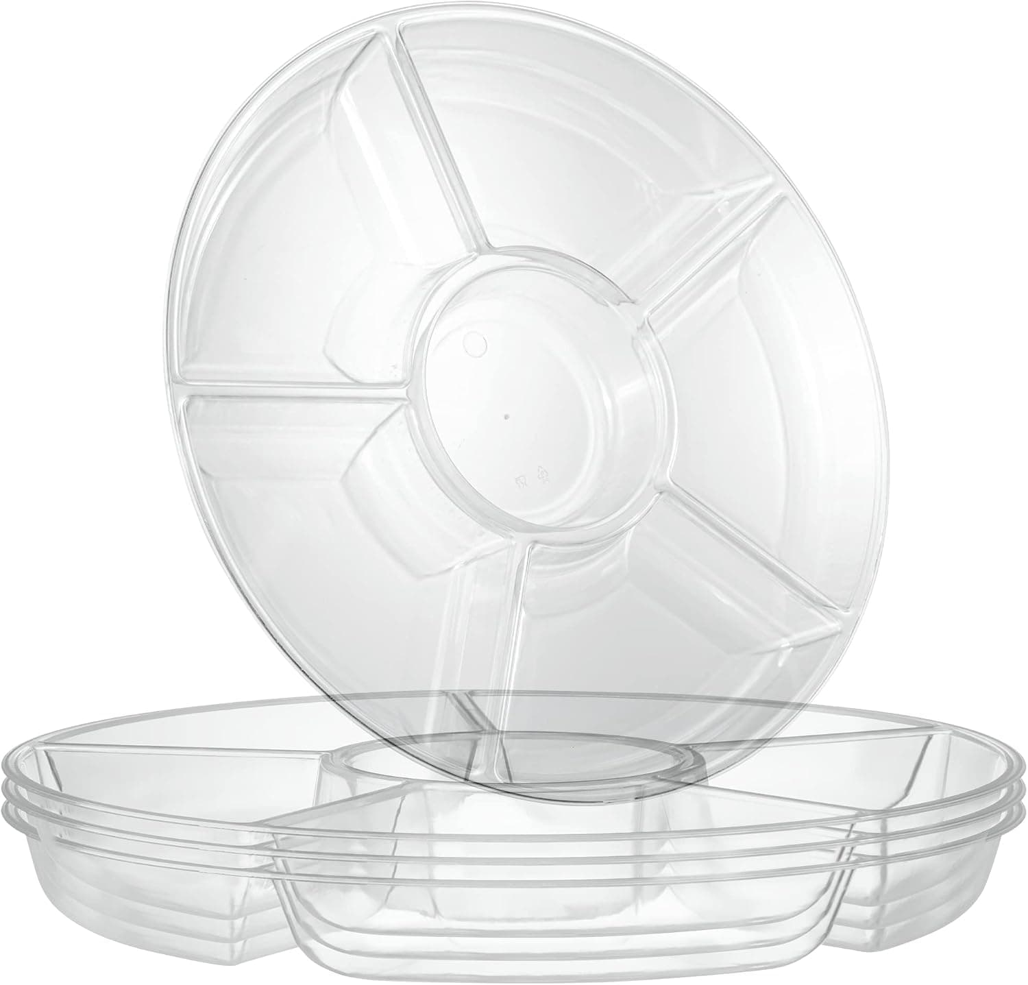 Plasticpro Bandeja/platos redondos de plástico para servir, 6 secciones, transparente, paquete de 2