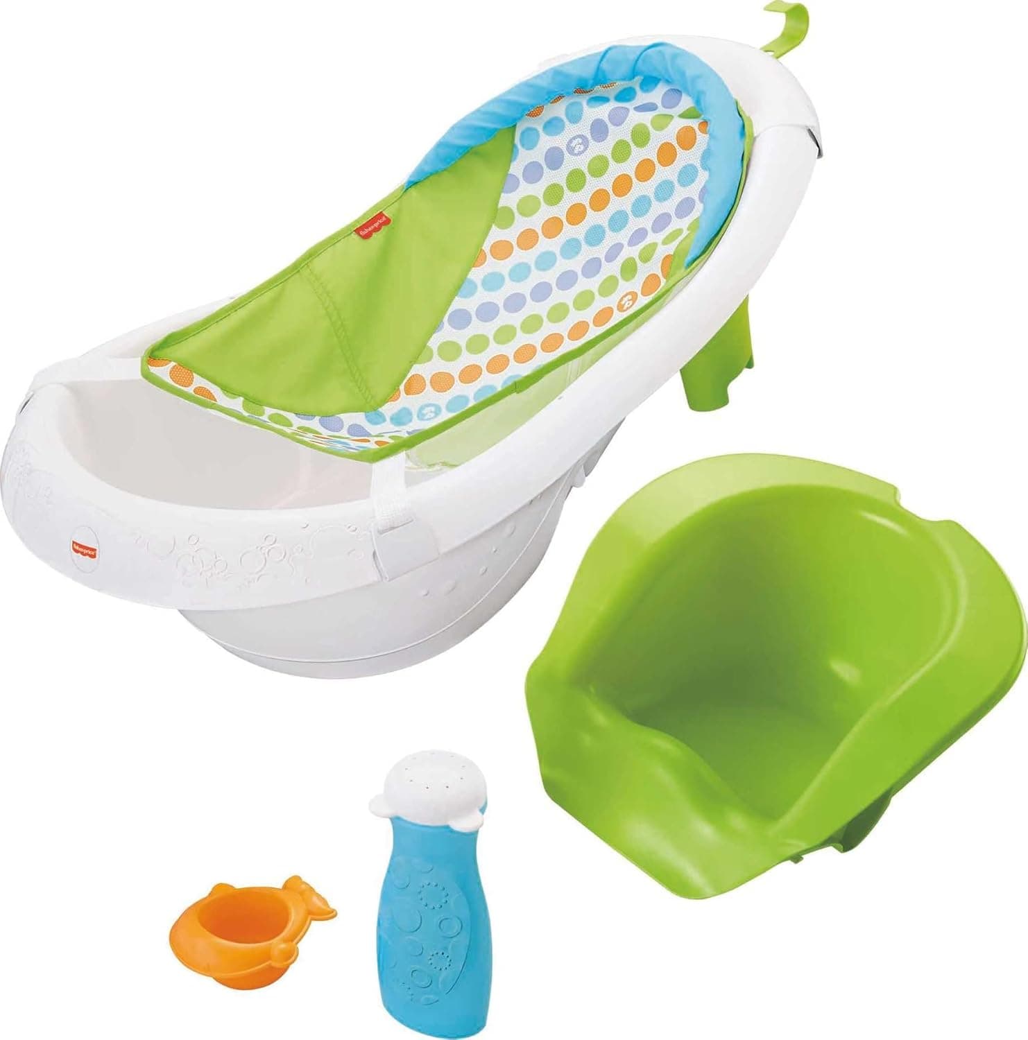 Fisher-Price Bañera para bebés y niños pequeños 4 en 1 Sling 'N Seat con soporte extraíble para bebés y 2 juguetes, verde