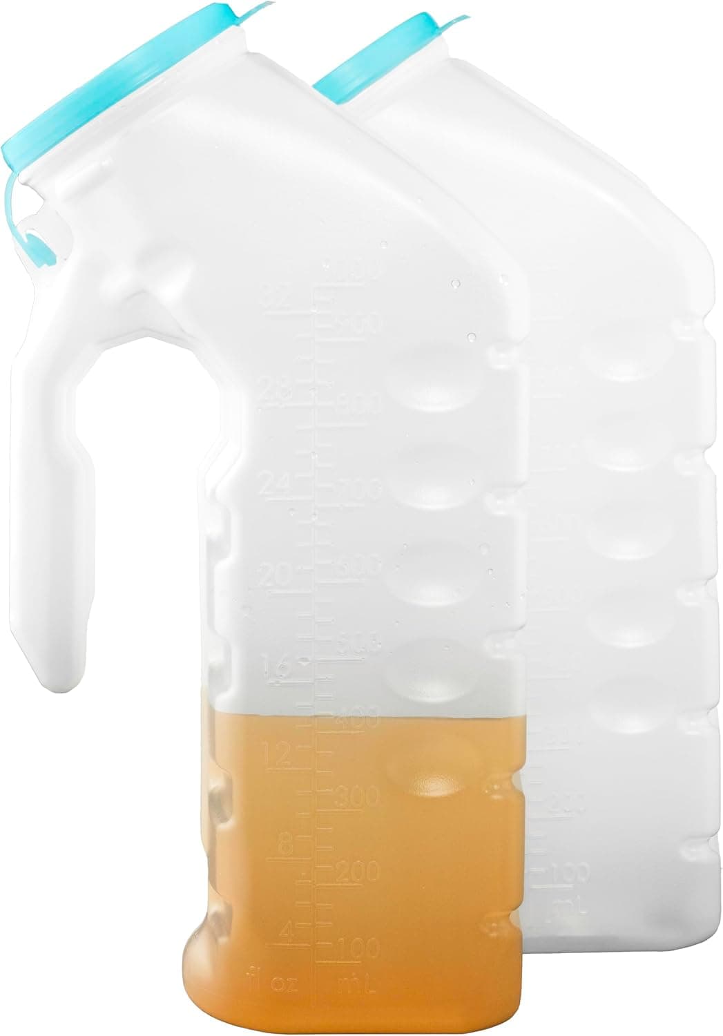 Orinal masculino con tapa que brilla en la oscuridad (2 botellas) Botellas de orina de 32 onzas para hombres - Botellas de orina para hospitales, emergencias y viajes