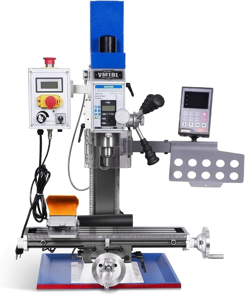MechMaxx Taladro de mesa de 6 x 20 pulgadas con DRO, velocidad variable, husillo R8, 1 HP, 110 V, herramienta de perforación de fresado compacta para taller de garaje, metalurgia de bricolaje sin soporte, modelo VM18LD