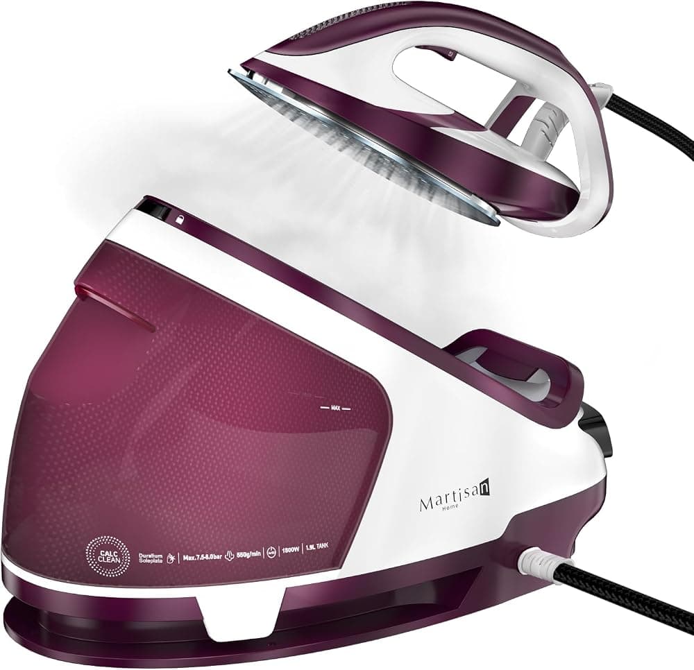 Martisan Plancha Generador de Vapor para Ropa, Estación de Vapor LED, Potencia 1800W, Presión Máxima 8 Bar, Tanque de Agua de 1,9L, Ráfaga de Vapor 550g/min, Apagado Automático, Suela de Cerámica, Eliminación Rápida de Arrugas, Morado
