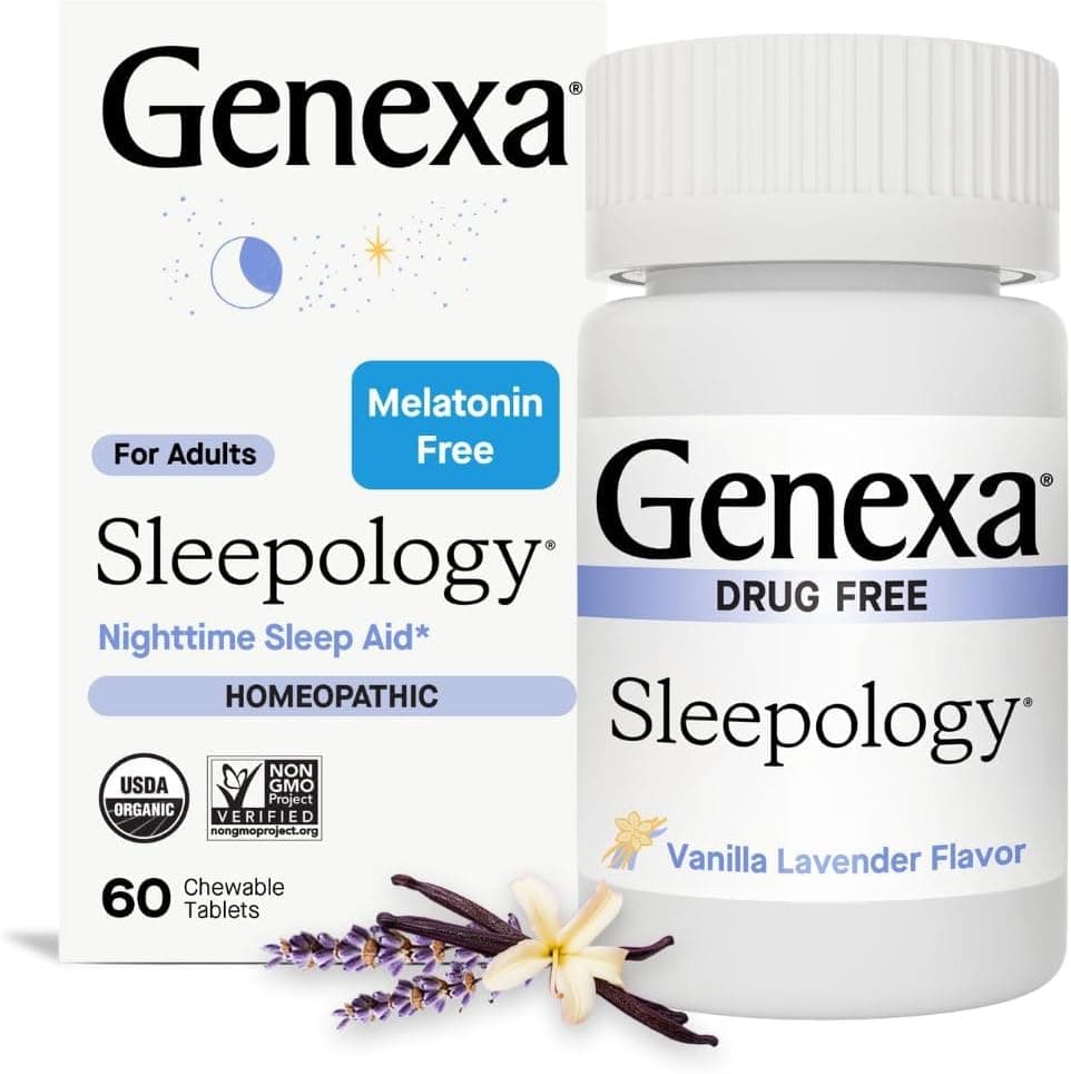 Genexa Sleepology, ayuda para dormir sin melatonina y hecha limpia, 60 tabletas masticables | Sin colorantes, 0% de aditivos artificiales, sin OGM, remedio homeopático, promueve el descanso, sabor natural a lavanda y vainilla para adultos