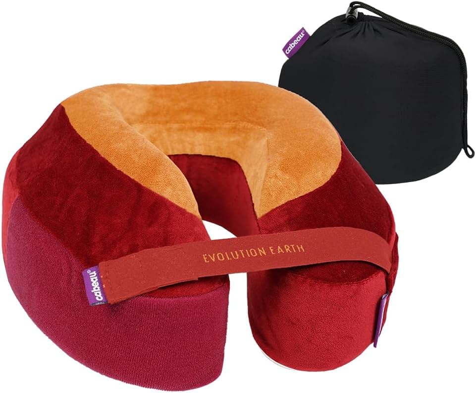 Cabeau Softest Neck Pillow for Travel – Evolution Earth Deluxe – Soporte 360° para la cabeza, el cuello y la barbilla para dormir – Espuma de memoria sostenible - Funda extraíble y lavable con estuche de transporte compacto (Fire)