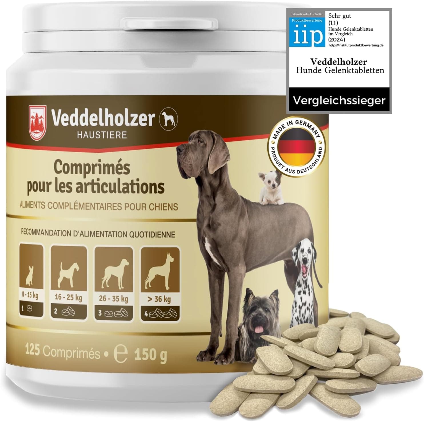 Veddelholzer Tabletas suplementarias para articulaciones de perros – Soporte para cadera y articulaciones con glucosamina, condroitina, MSM y cúrcuma – Ayuda para la movilidad, flexibilidad y comodidad para razas grandes y pequeñas – Recomendado por veterinarios