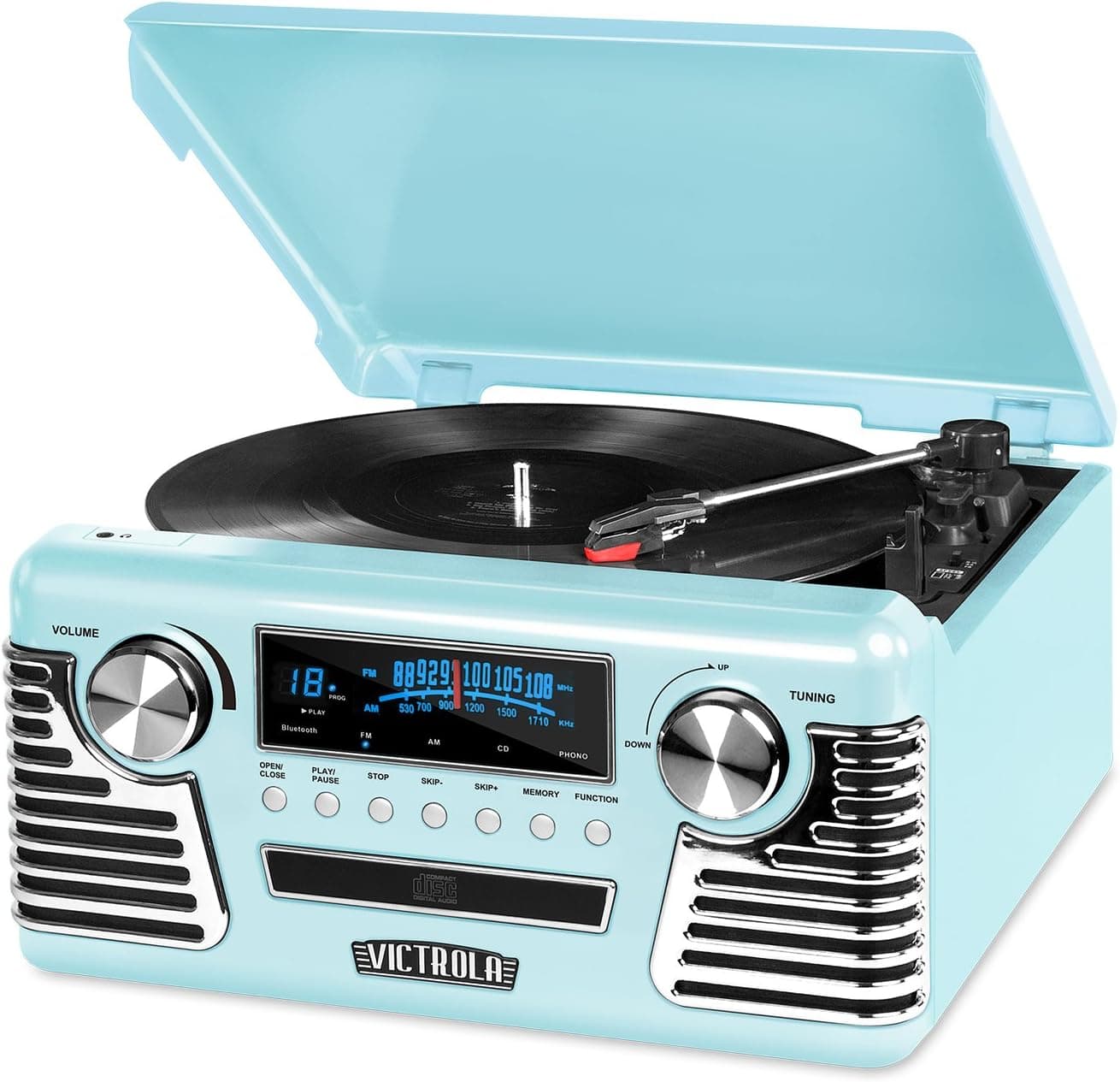 Victrola Haley - Tocadiscos retro Bluetooth con reproductor de CD - Verde azulado | Reproduce vinilo, CD y radio AM/FM a través de parlantes estéreo incorporados, diseño retro de los años 50, Bluetooth y transmisión auxiliar.