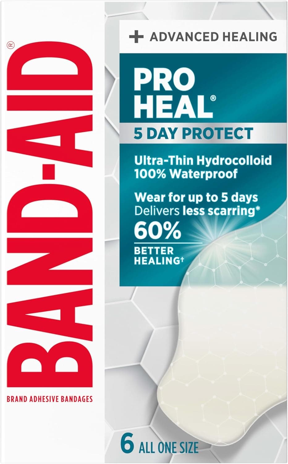 BAND-AID Brand Pro Heal 5 Day Protect vendajes hidrocoloides, grandes, 6 unidades | Curación avanzada para el cuidado de heridas, vendajes de primeros auxilios hidrocoloides ultrafinos 100% impermeables, menos cicatrices en comparación con heridas descubiertas