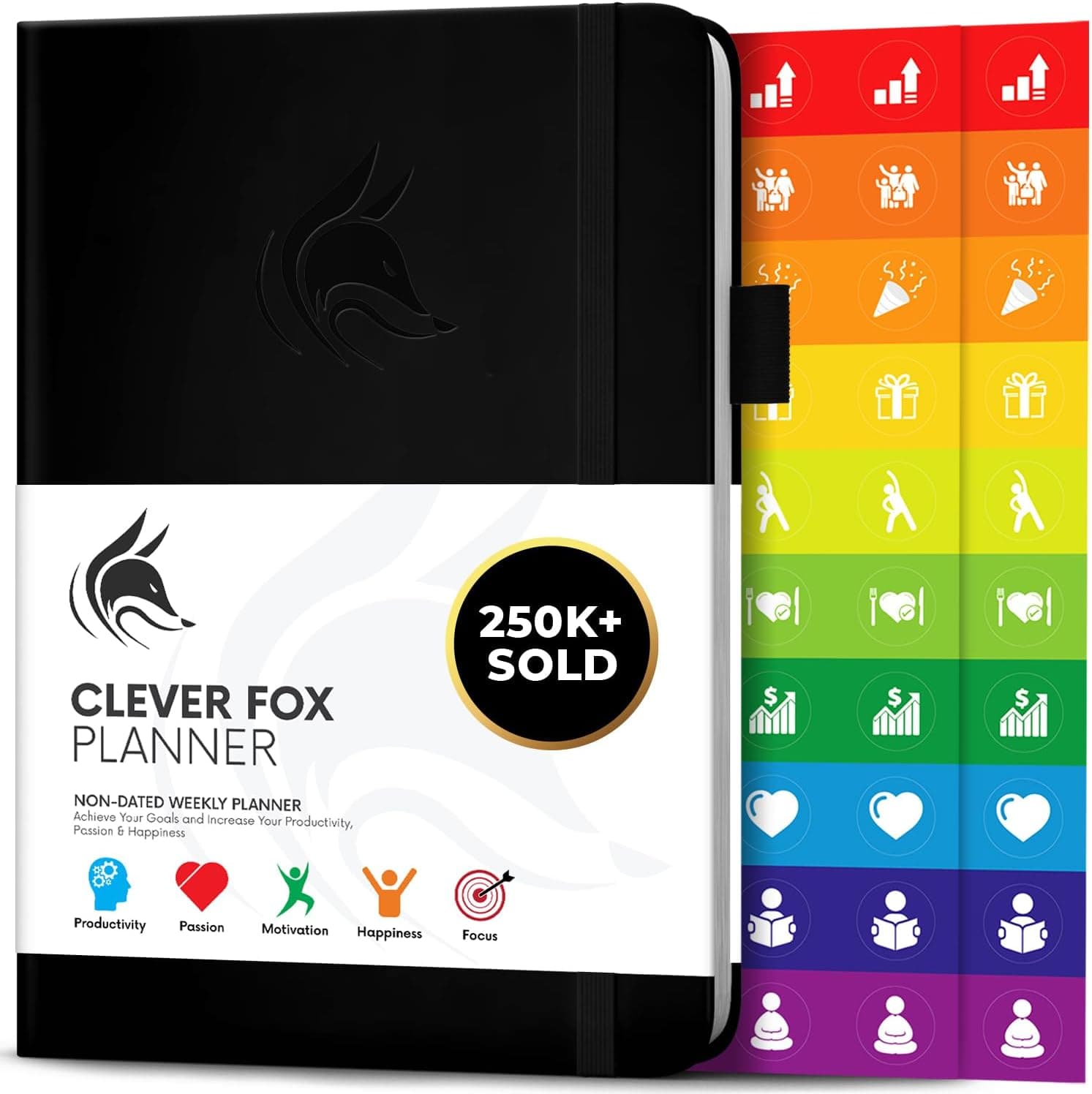 Clever Fox Planificador semanal sin fecha, cuaderno mensual y diario, negro | Diario de gestión de objetivos y tiempo, lista de tareas pendientes, seguimiento de hábitos diarios, pegatinas, papel de 120 g/m², para mujeres, hombres y adolescentes