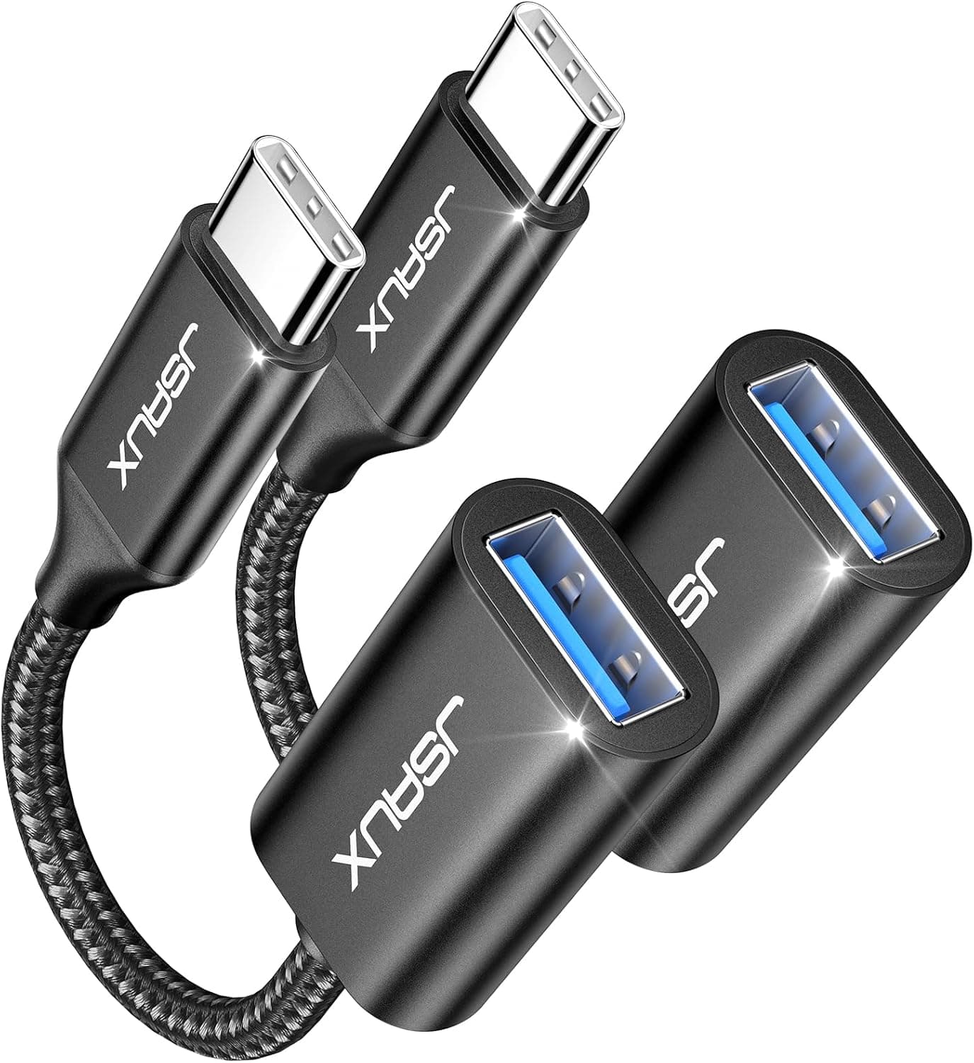 Adaptador JSAUX USB C a USB 3.0 [paquete de 2], adaptador de cable USB C macho a USB hembra OTG compatible con MacBook Pro/Air, iPhone 17 Pro Max/iPhone Air/16e/16/15 Series, Samsung Galaxy S25/S24/S23-Negro