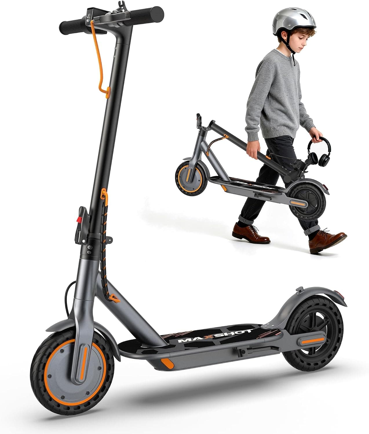 MAXSHOT Scooter eléctrico para adultos, neumáticos de 8,5/10/14", 19/22 mph, motor de 350 W/500 W, alcance de 21 a 28 millas, scooter eléctrico plegable con doble suspensión, control de aplicación